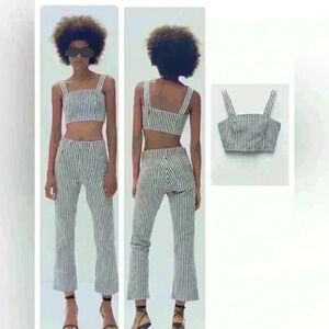 Zara Stripped Denim Crop Top Blue Navy White Square Neckline Side Zipper Size  S